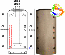 Ballon tampon combiné à stratification multifonctionnel double cuve tank in tank bain marie SKSE-0 600, volume de 400 l tampon chauffage + 200 l pour l'ECS, cuve ECS émaillée, sans échangeur Ballon tampon combiné à stratification multifonctionnel double cuve tank in tank bain marie SKSE-0 600, volume de 400 l tampon chauffage + 200 l pour l'ECS, cuve ECS émaillée, sans échangeur